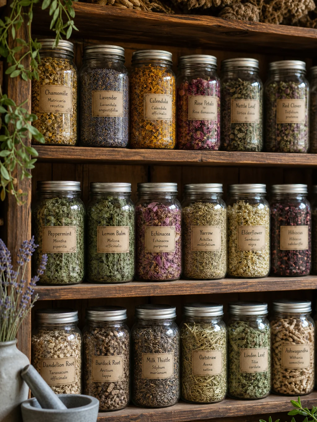 Serene apothecary studio with botanical jars and natural linen