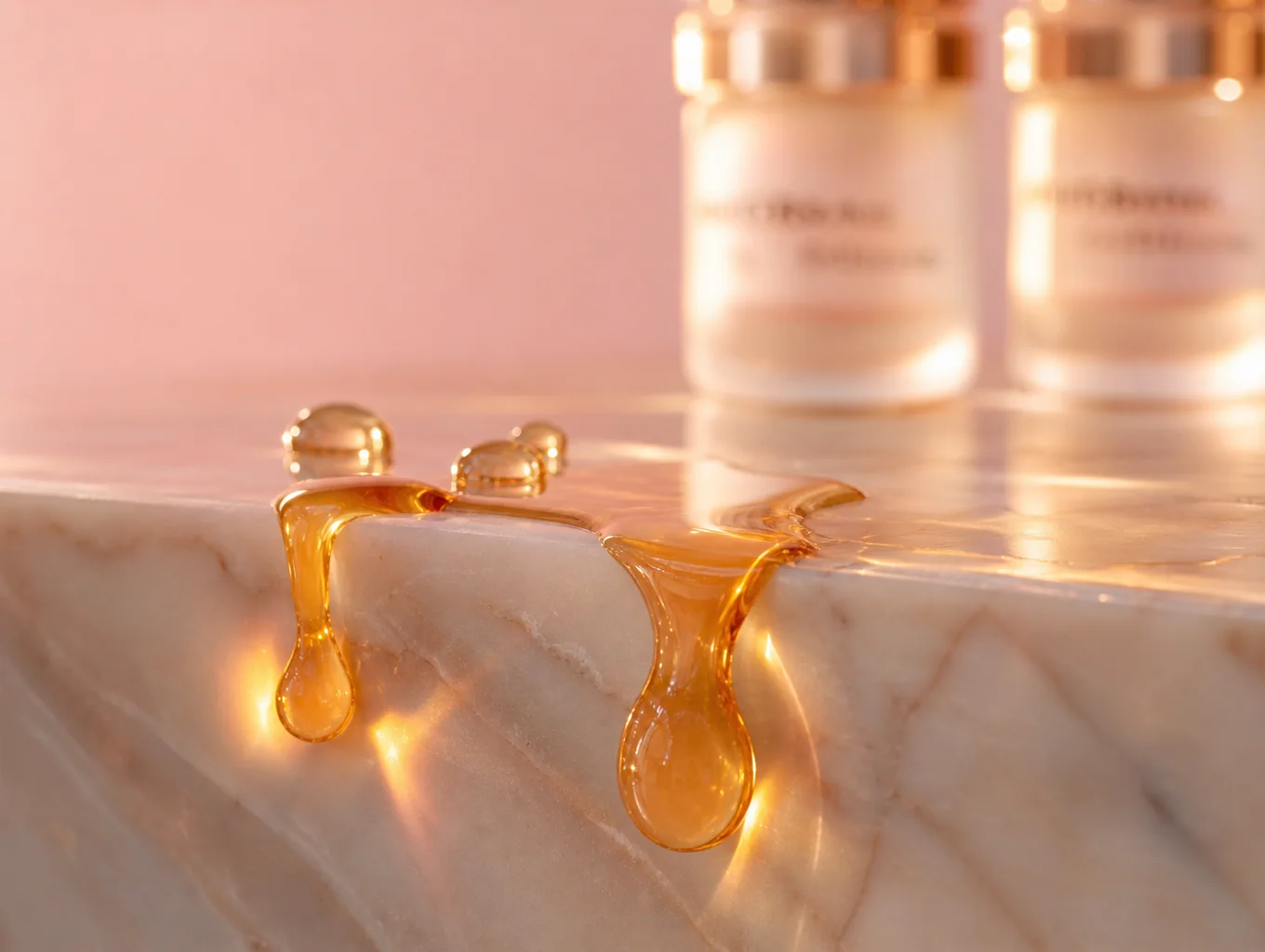 Dewy water droplets and lipid emulsion reflecting morning light