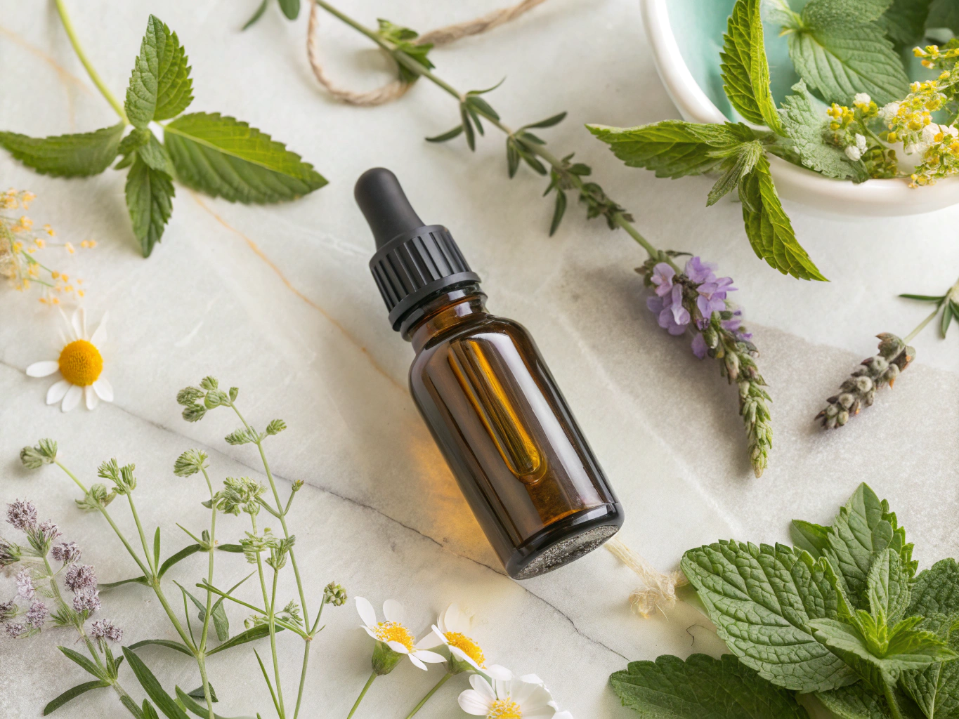 Fresh botanical herbs and calming golden extract in clear glass container