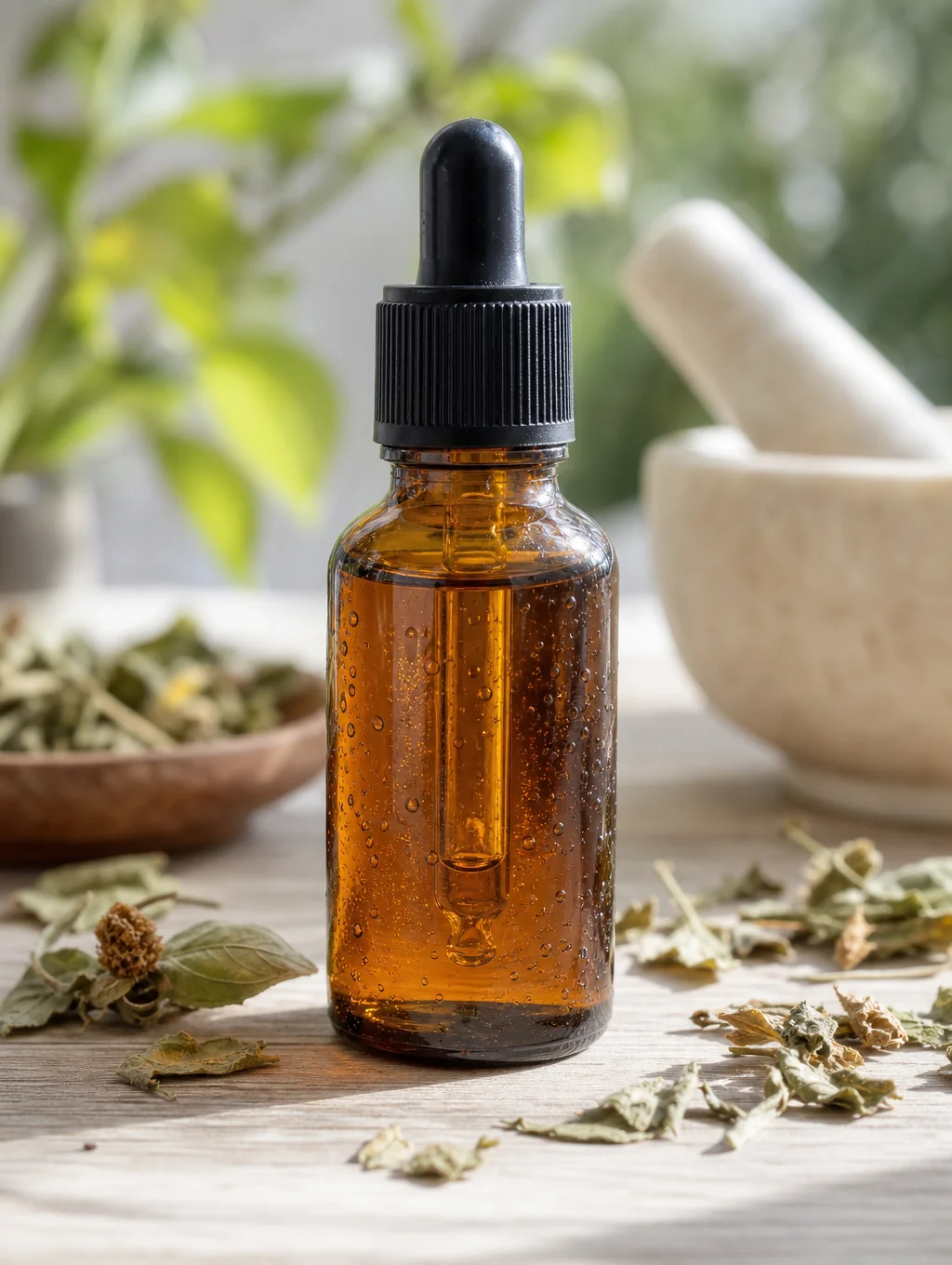 Glass dropper bottles and dried botanical herbs bathed in soft morning light