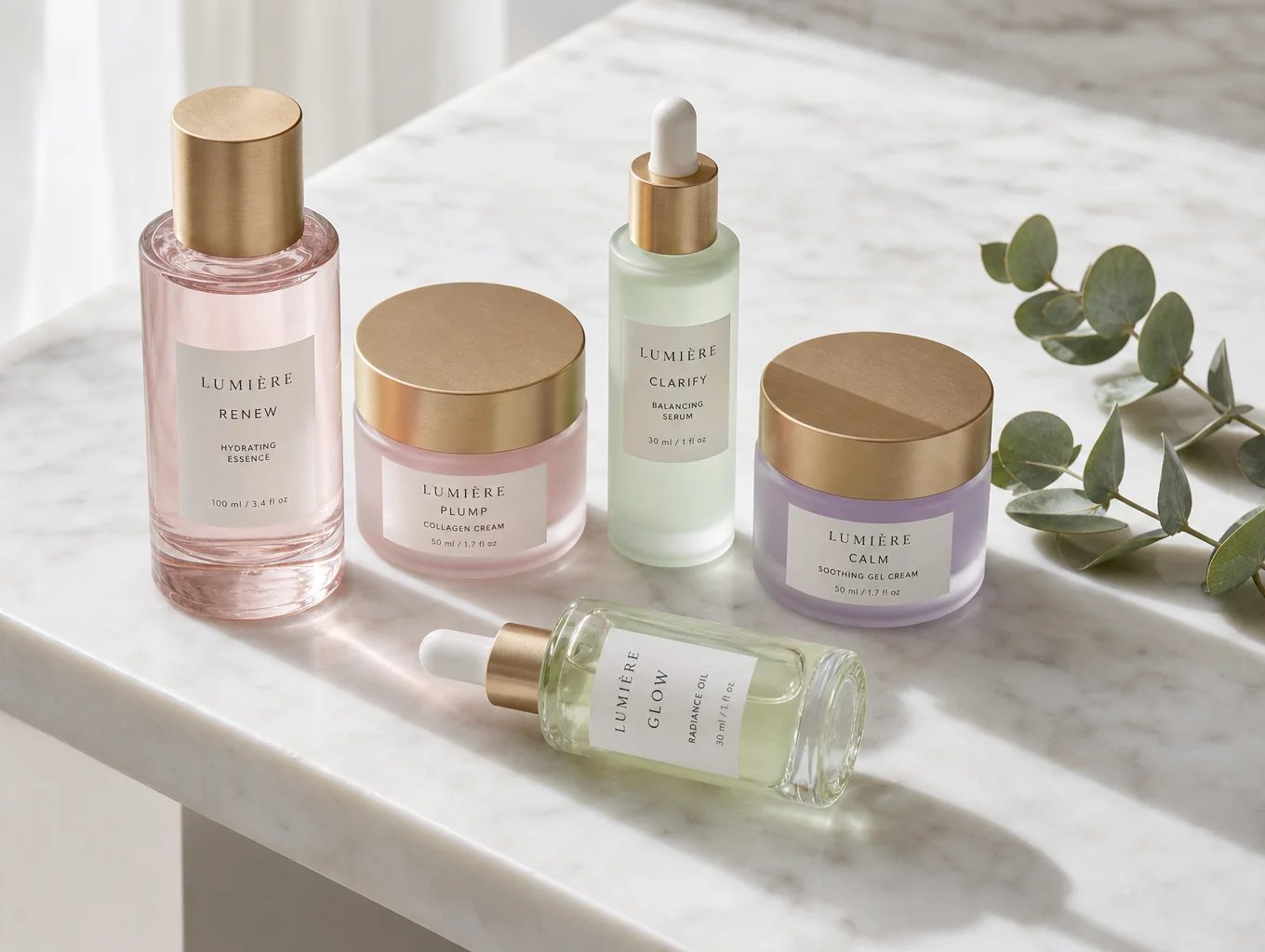 Apothecary skincare dropper bottles and cream jars on warm sunlit limestone